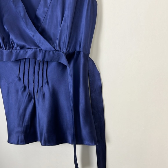 MSSP Max Studio Silk v-neck blouse cap sleeves royal blue waist tie Sz M - Picture 7 of 10